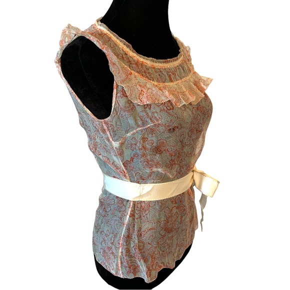 Elie Tahari 100% Silk Peach Floral Sheer Ruffle Top - Picture 5 of 6